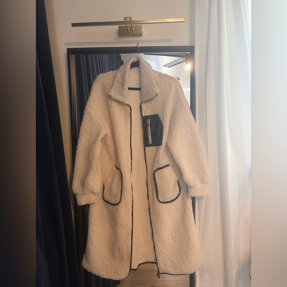 Women's Cream White Sherpa Coat with Black Accents